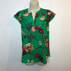 J. Crew 2 / XS Green Floral V-neck Short Flutter Sleeve Chiffon Blouse Shirt